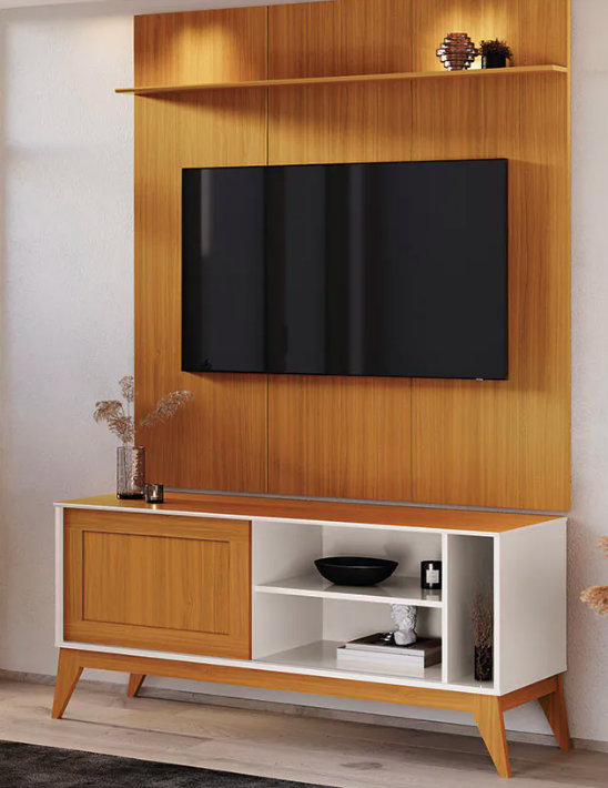 Rack  com Painél  Aruba Off White/ Cedro